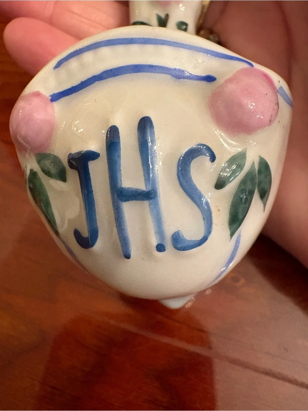Holy Water Stoup Small Ceramic Cross Wall Pocket with ‘JHS’ Pink Floral Accents.